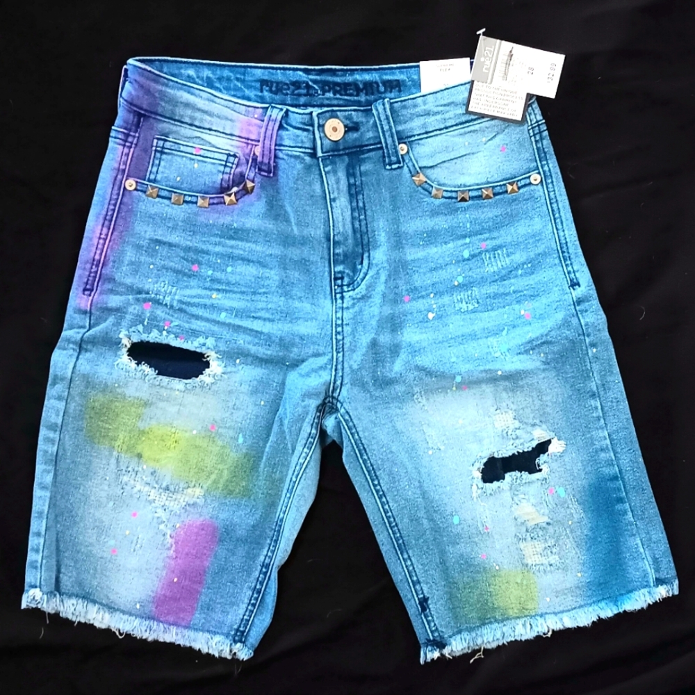 Rue 21 NWT Studded Distressed Long Jean Shorts 28 Y2K Splatter Patches